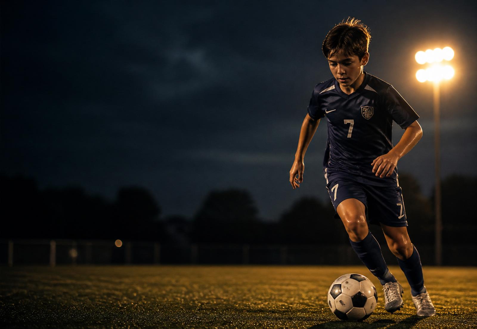 Youth soccer player training under floodlights